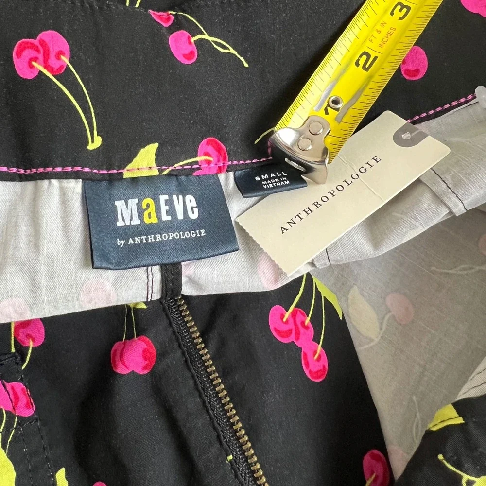 Maeve Anthropologie Cherry Print Colette Mini Skirt Black Pockets Cotton Sml NEW